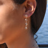 Woman wearing a 14k yellow gold Grand stud earring featuring four 6 mm briolette cut bezel set white topaz