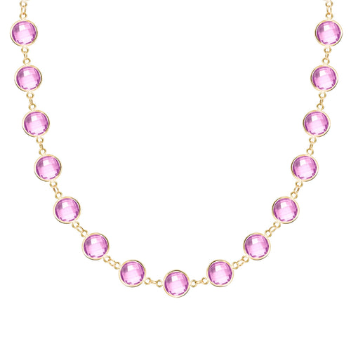 Newport Grand 14k yellow gold necklace featuring 6 mm briolette cut bezel set pink sapphires - front view