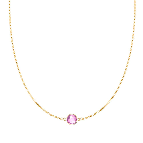 Grand 14k yellow gold 1.17 mm cable chain necklace featuring one 6 mm briolette cut bezel set pink sapphire - front view
