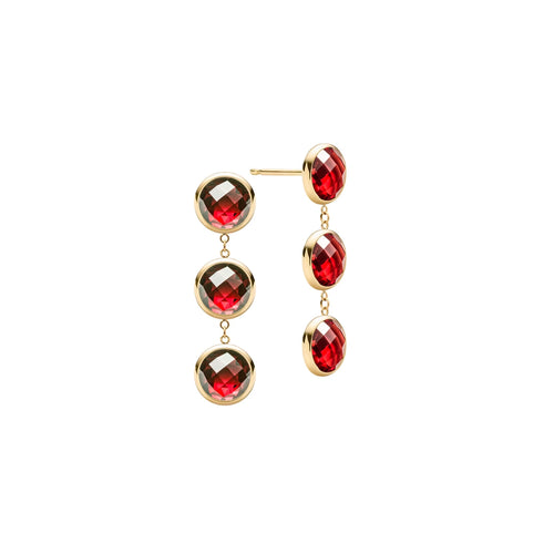 Pair of 14k yellow gold Grand stud earrings each featuring three 6 mm briolette cut bezel set garnets - front view