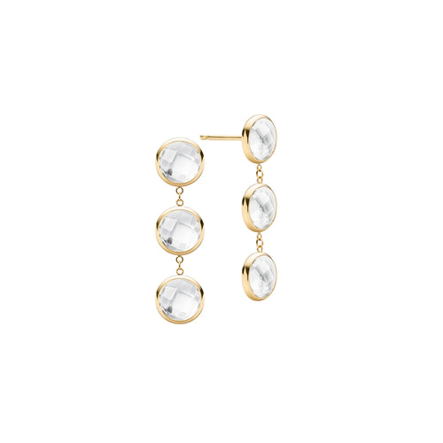 Pair of 14k yellow gold Grand stud earrings each featuring three 6 mm briolette cut bezel set white topaz - front view