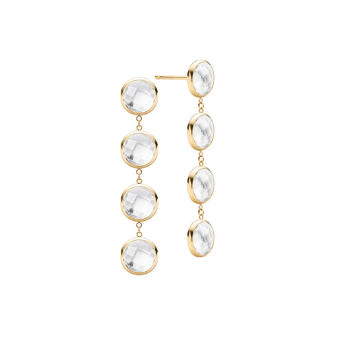 Pair of 14k yellow gold Grand stud earrings each featuring four 6 mm briolette cut bezel set white topaz - front view