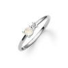 Greenwich ring featuring one 4 mm faceted round cut opal and one 2.1 mm diamond prong set in 14k white gold