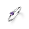 Greenwich ring featuring one 4 mm faceted round cut amethyst and one 2.1 mm diamond prong set in 14k white gold