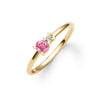Greenwich ring featuring one 4 mm faceted round cut pink tourmalines & one 2.1 mm diamond prong set in 14k gold - angled view