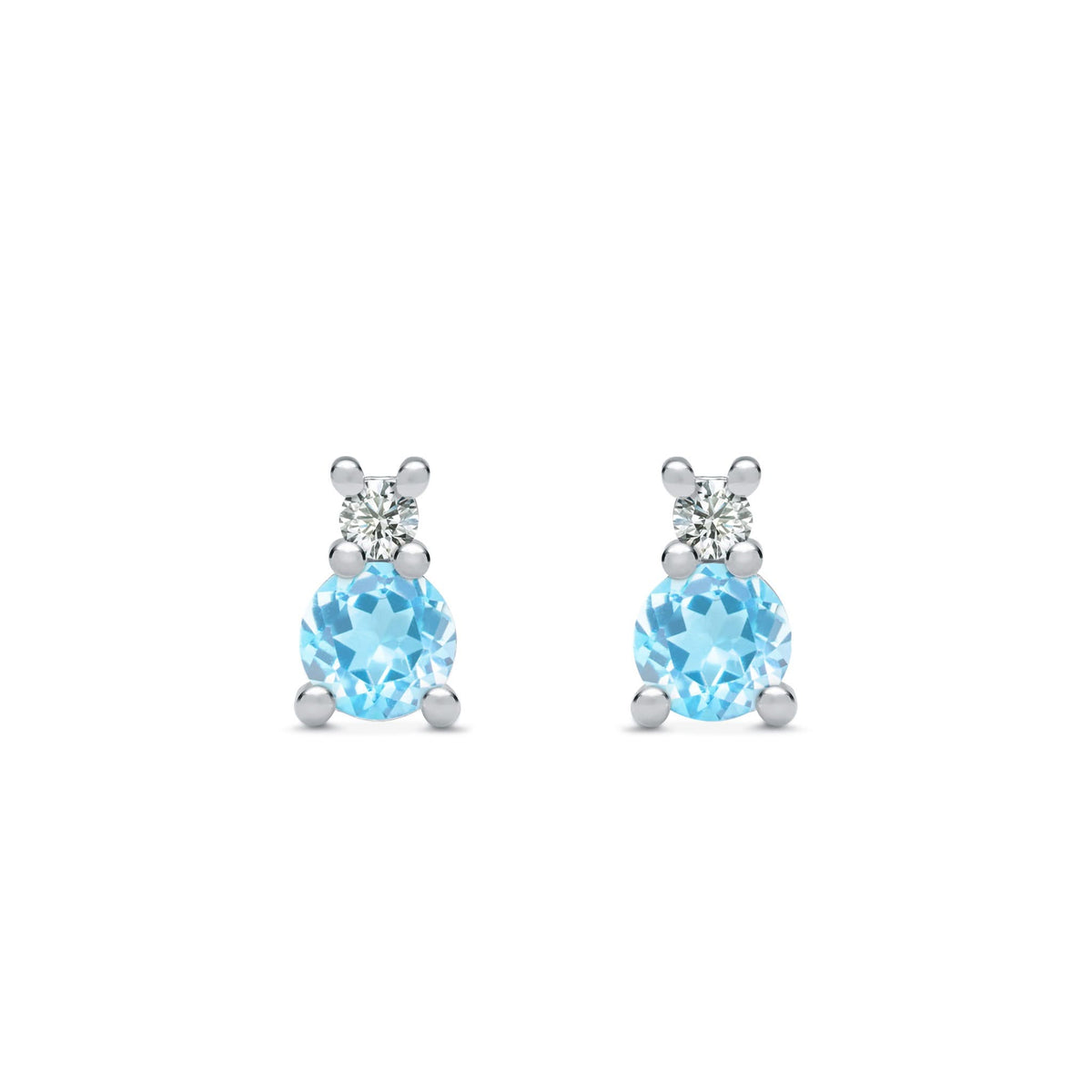 Pair of 14k white gold Greenwich 1 Birthstone earrings each featuring one 4 mm Nantucket blue topaz and one 2.1 mm diamond