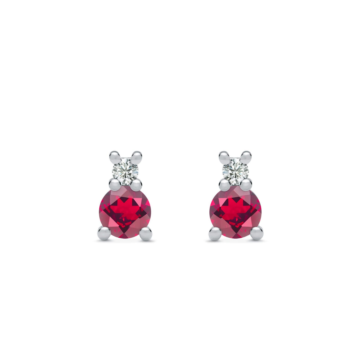 Pair of 14k white gold Greenwich 1 Birthstone earrings each featuring one 4 mm ruby and one 2.1 mm diamond