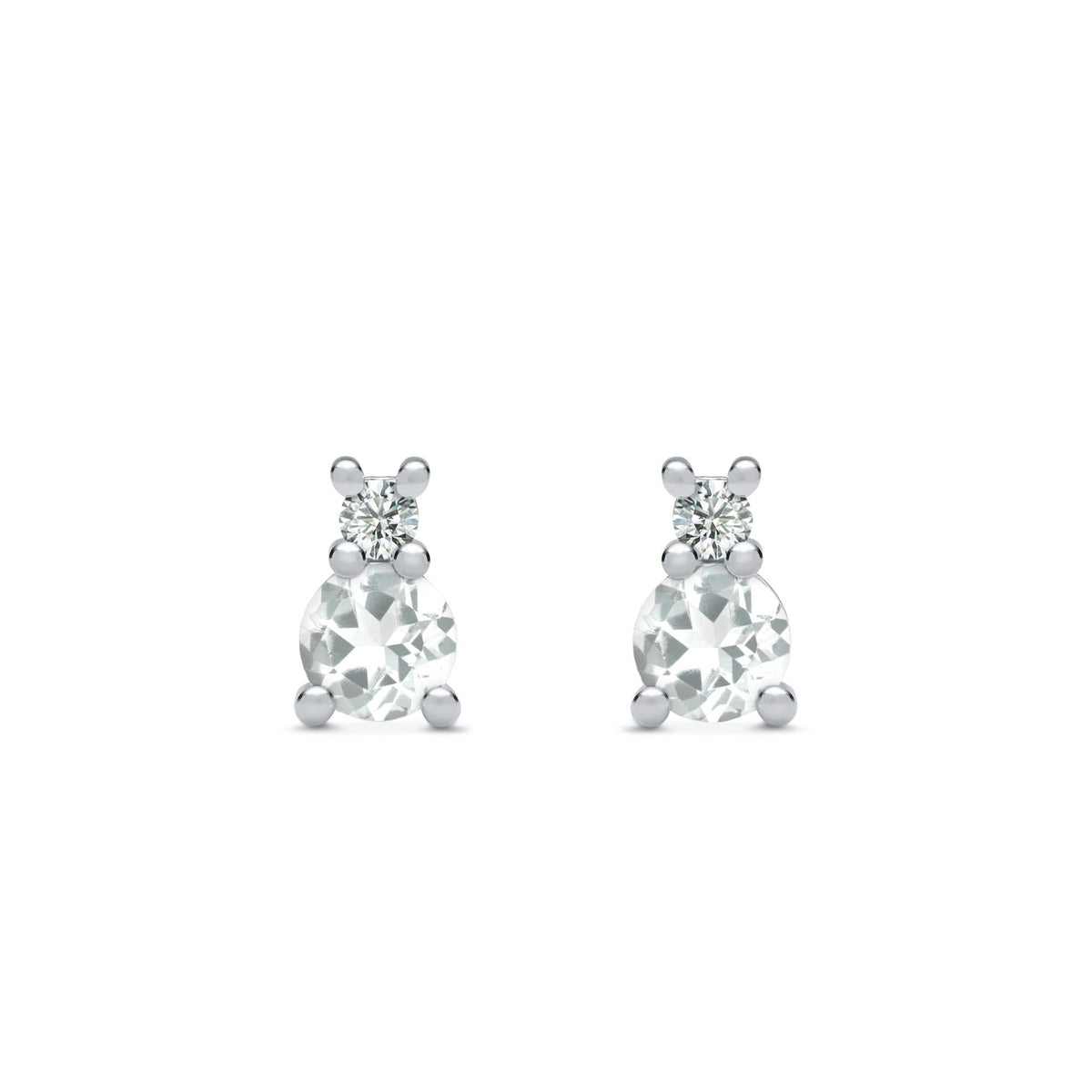 Pair of 14k white gold Greenwich 1 Birthstone earrings each featuring one 4 mm white topaz and one 2.1 mm diamond