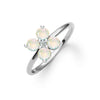 Greenwich ring featuring four 4 mm faceted round cut opals and one 2.1 mm diamond prong set in 14k white gold
