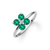 Greenwich ring featuring four 4 mm faceted round cut emeralds and one 2.1 mm diamond prong set in 14k white gold