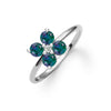 Greenwich ring featuring four 4 mm faceted round cut alexandrites and one 2.1 mm diamond prong set in 14k white gold