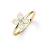 Greenwich ring featuring four 4 mm faceted round cut opals and one 2.1 mm diamond prong set in 14k gold - angled view