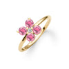 Greenwich ring featuring four 4 mm faceted round pink tourmalines & one 2.1 mm diamond prong set in 14k gold - angled view