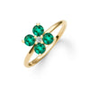 Greenwich ring featuring four 4 mm faceted round cut emeralds and one 2.1 mm diamond prong set in 14k gold - angled view
