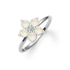 Greenwich ring featuring five 4 mm faceted round cut opals and one 2.1 mm diamond prong set in 14k white gold