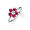 Greenwich ring featuring five 4 mm faceted round cut rubies and one 2.1 mm diamond prong set in 14k white gold