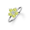 Greenwich ring featuring five 4 mm faceted round cut peridots and one 2.1 mm diamond prong set in 14k white gold