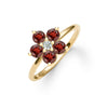 Greenwich ring featuring five 4 mm faceted round cut garnets and one 2.1 mm diamond prong set in 14k gold - angled view