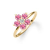 Greenwich ring featuring five 4 mm faceted round pink tourmalines and one 2.1 mm diamond prong set in 14k gold - angled view