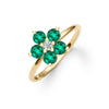 Greenwich ring featuring five 4 mm faceted round cut emeralds and one 2.1 mm diamond prong set in 14k gold - angled view