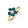 Greenwich ring featuring five 4 mm faceted round cut alexandrites and one 2.1 mm diamond prong set in 14k gold - angled view