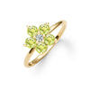 Greenwich ring featuring five 4 mm faceted round cut peridots and one 2.1 mm diamond prong set in 14k gold - angled view