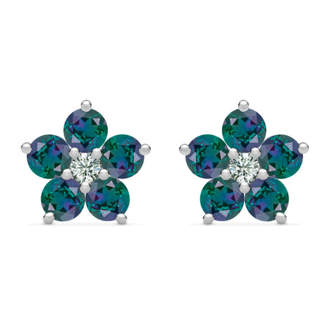 Greenwich Flower Alexandrite & Diamond Earrings in 14k Gold (June) - White Gold