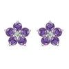 Pair of 14k white gold Greenwich 5 Birthstone earrings each featuring five 4 mm amethysts and one 2.1 mm diamond