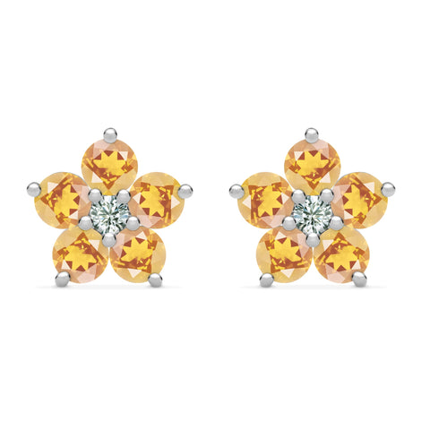 Greenwich Flower Citrine & Diamond Earrings in 14k Gold (November) - White Gold