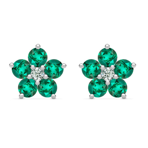 Greenwich Flower Emerald & Diamond Earrings in 14k Gold (May) - White Gold