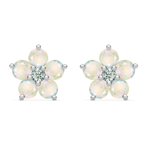 Greenwich Flower Opal & Diamond Earrings in 14k Gold (October) - White Gold