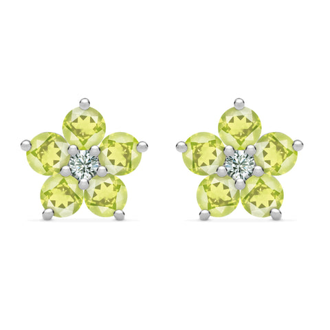 Greenwich Flower Peridot & Diamond Earrings in 14k Gold (August) - White Gold