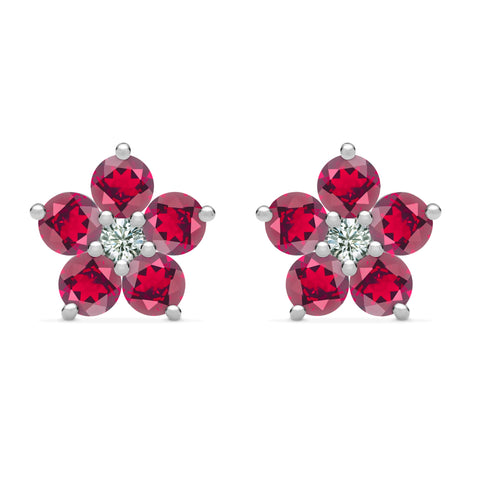 Greenwich Flower Ruby & Diamond Earrings in 14k Gold (July) - White Gold