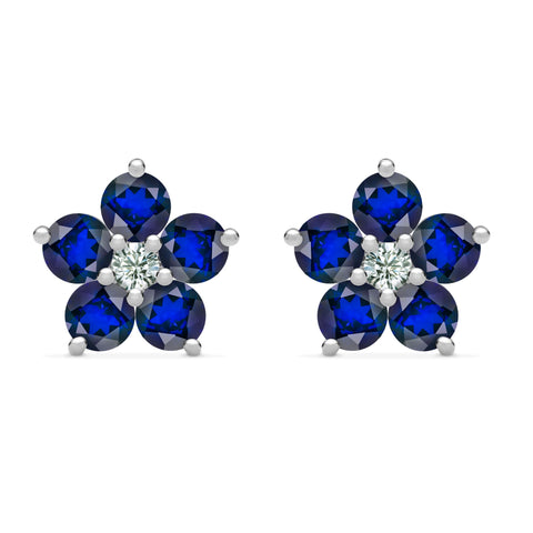 Greenwich Flower Sapphire & Diamond Earrings in 14k Gold (September) - White Gold