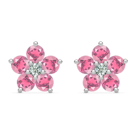 Greenwich Flower Pink Tourmaline & Diamond Earrings in 14k Gold (October) - White Gold