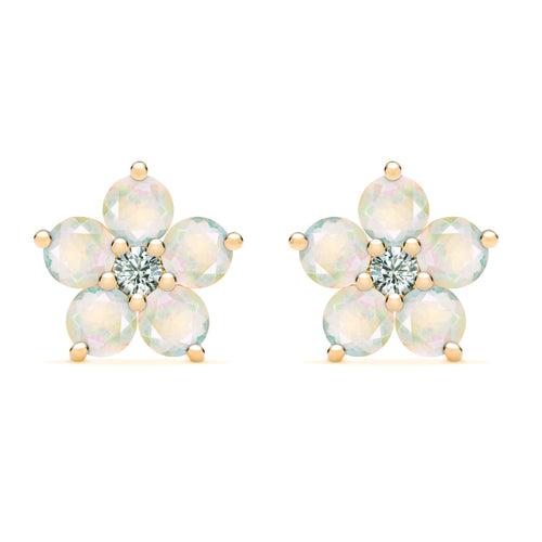 Pair of 14k yellow gold Greenwich 5 Birthstone earrings each featuring five 4 mm opals and one 2.1 mm diamond