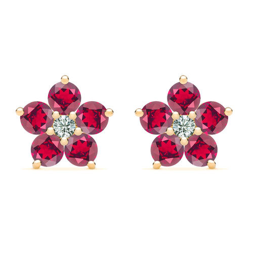 Pair of 14k yellow gold Greenwich 5 Birthstone earrings each featuring five 4 mm rubies and one 2.1 mm diamond