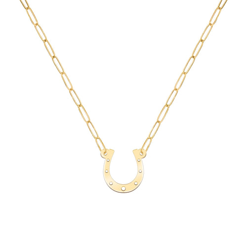 Large Flat Horseshoe Necklace with Adelaide Mini Chain in 14k Gold