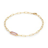 14k yellow gold Adelaide paperclip chain bracelet featuring one link encrusted with 1.5 mm pavé amethysts - angled view
