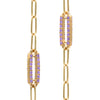 Pair of 14k yellow gold Adelaide paperclip chain pavé necklaces each featuring one amethyst-encrusted link