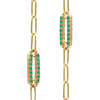 Pair of 14k yellow gold Adelaide paperclip chain pavé necklaces each featuring one emerald-encrusted link