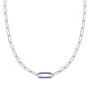 14k white gold Adelaide paperclip chain necklace featuring one link encrusted with 1.5 mm pavé sapphires