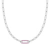 14k white gold Adelaide paperclip chain necklace featuring one link encrusted with 1.5 mm pavé pink sapphires