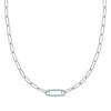 14k white gold Adelaide paperclip chain necklace featuring one link encrusted with 1.5 mm pavé Nantucket blue topaz