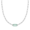 14k white gold Adelaide paperclip chain necklace featuring one link encrusted with 1.5 mm pavé emeralds