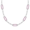 14k white gold Adelaide paperclip chain necklace featuring five links encrusted with 1.5 mm pavé pink sapphires