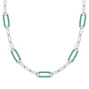 14k white gold Adelaide paperclip chain necklace featuring five links encrusted with 1.5 mm pavé emeralds