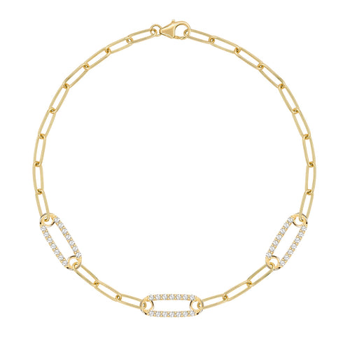 14k yellow gold Adelaide paperclip chain bracelet featuring three links encrusted with 1.5 mm pavé white topaz - front view