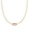 14k yellow gold Adelaide paperclip chain necklace featuring one link encrusted with 1.5 mm pavé garnets - front view
