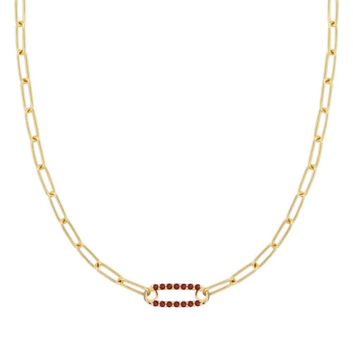 14k yellow gold Adelaide paperclip chain necklace featuring one link encrusted with 1.5 mm pavé garnets - front view